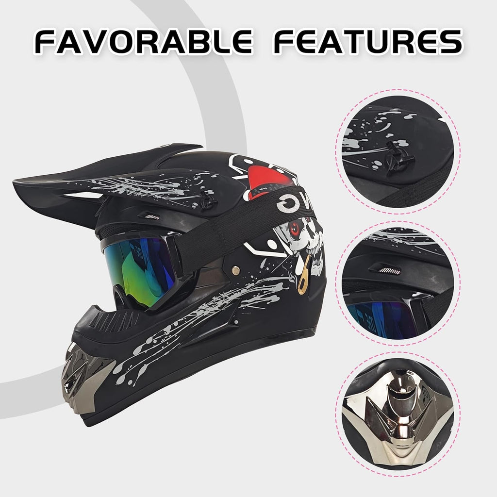 Adult Dirt Bike Motocross Helmets (Goggles Gloves Face Mask) 4PCS Set